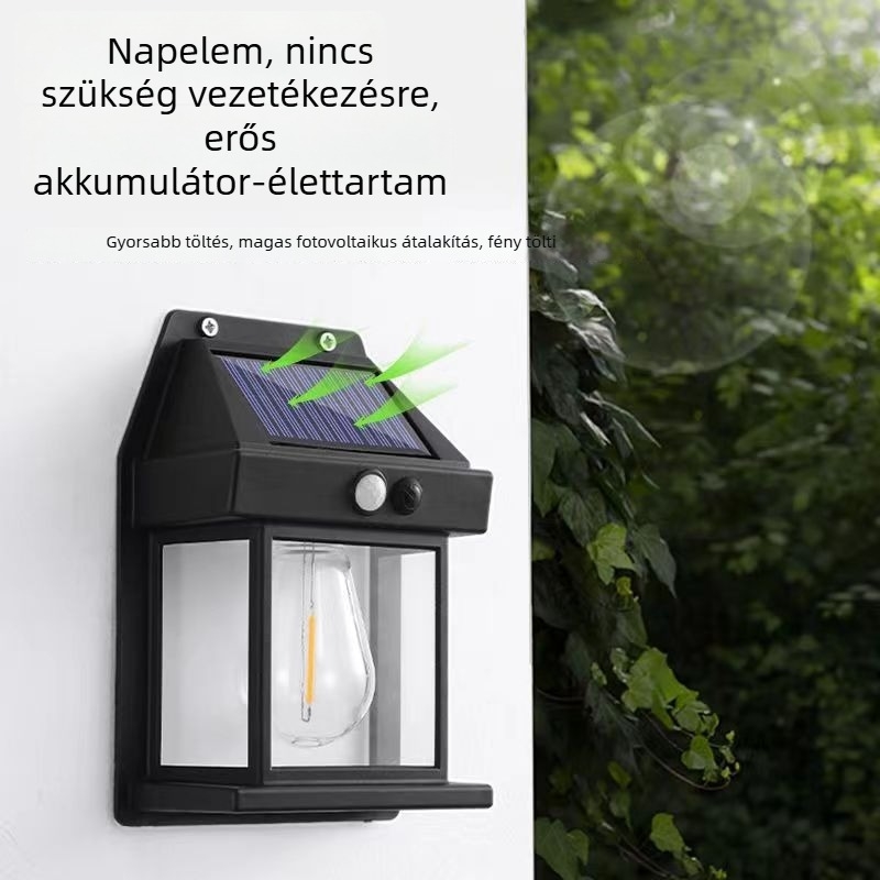 Napelemes falikar wolfram szálas izzóval, erőteljes kültéri kert LED világítás mozgásérzékelővel