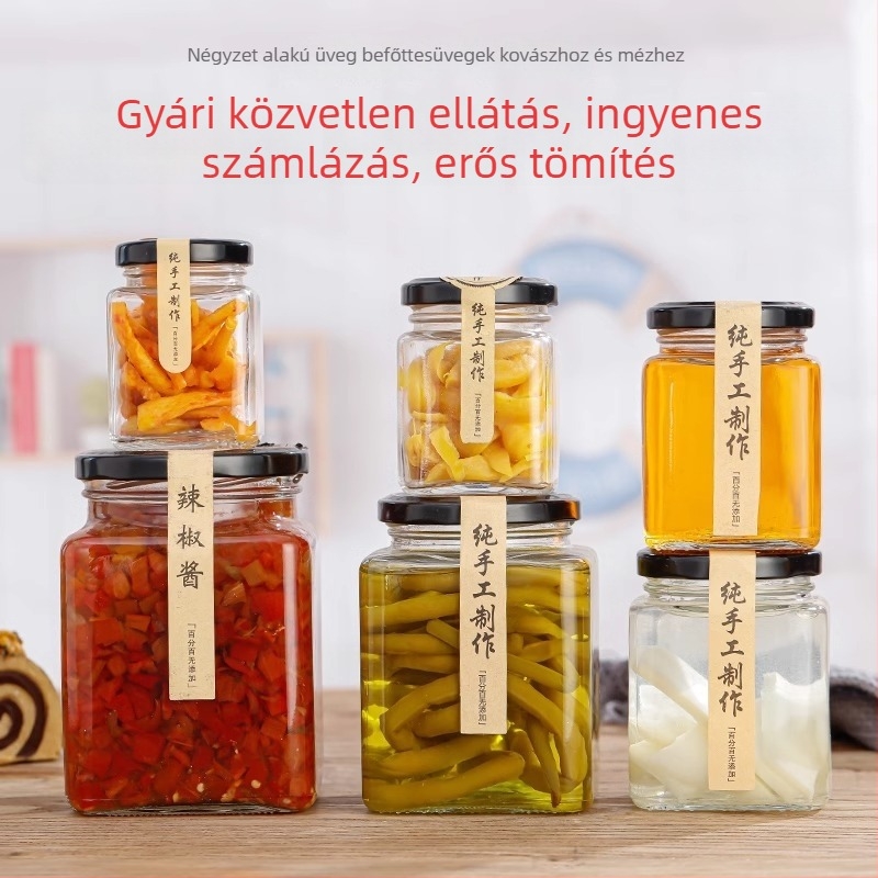 Élelmiszer-minőségű négyzet alakú üveg fedéllel, lezárt, chili szószhoz, körtepüréhez és citrompüréhez