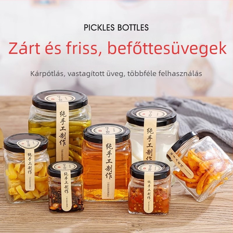 Élelmiszer-minőségű négyzet alakú üveg fedéllel, lezárt, chili szószhoz, körtepüréhez és citrompüréhez