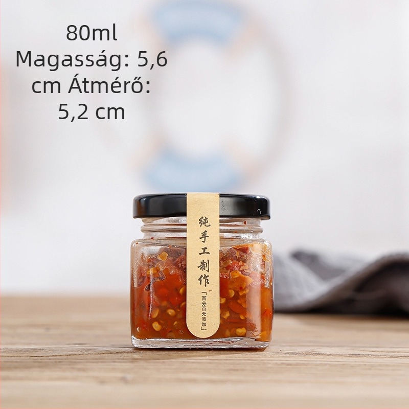 Élelmiszer-minőségű négyzet alakú üveg fedéllel, lezárt, chili szószhoz, körtepüréhez és citrompüréhez