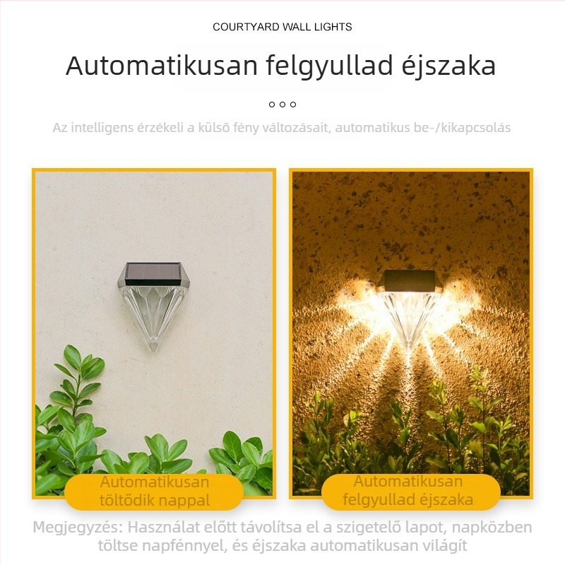 Napelemes kültéri világítás kerthez, udvarhoz és erkélyhez; kis diamantszerű falikar meleg fényű
