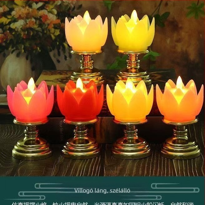 Elektronikus lótusz lámpa Buddhának felajánlásokhoz, otthoni Buddha-lámpa, szimulált lángú gyertya, örök fény, buddhista kellékek, lótusz alakú lámpa