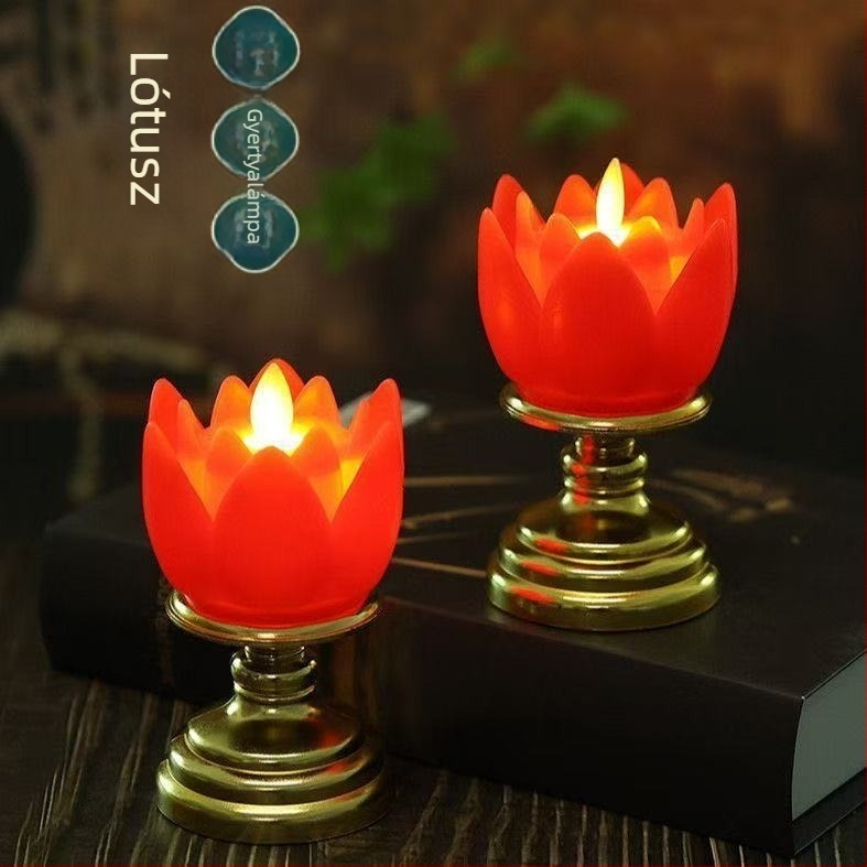 Elektronikus lótusz lámpa Buddhának felajánlásokhoz, otthoni Buddha-lámpa, szimulált lángú gyertya, örök fény, buddhista kellékek, lótusz alakú lámpa