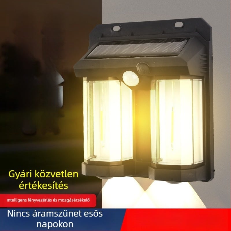 Kültéri napelemes falikar wolfram szálas izzóval, mozgásérzékelő, 600 lm, IP65, falra szerelhető kerthez és villaépülethez
