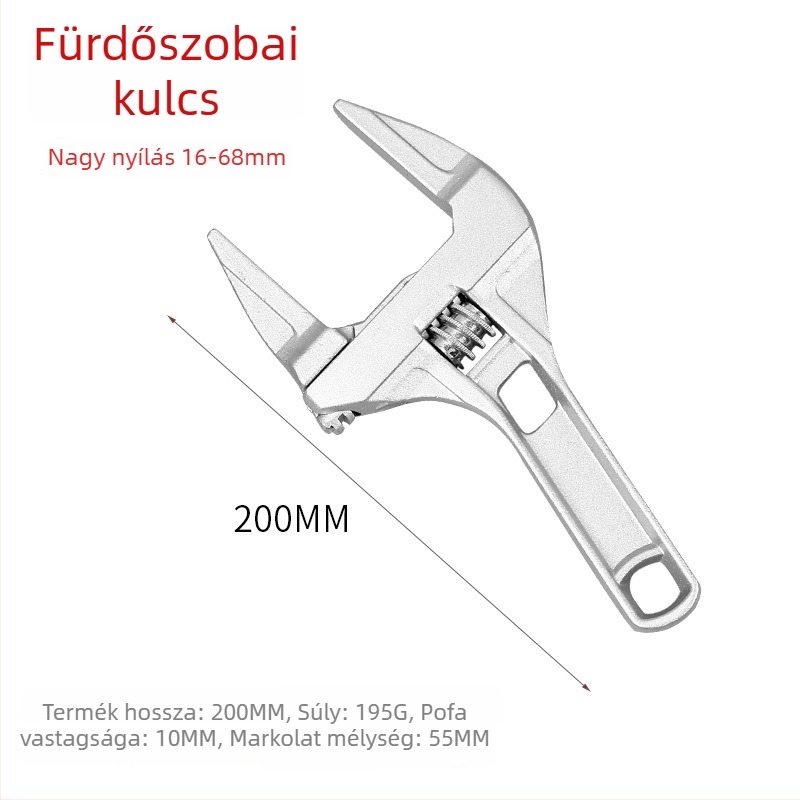 Többfunkciós sanitáris kulcs rövid nyéllel és nagy nyílással, lefolyócsövekhez és klímaberendezésekhez.