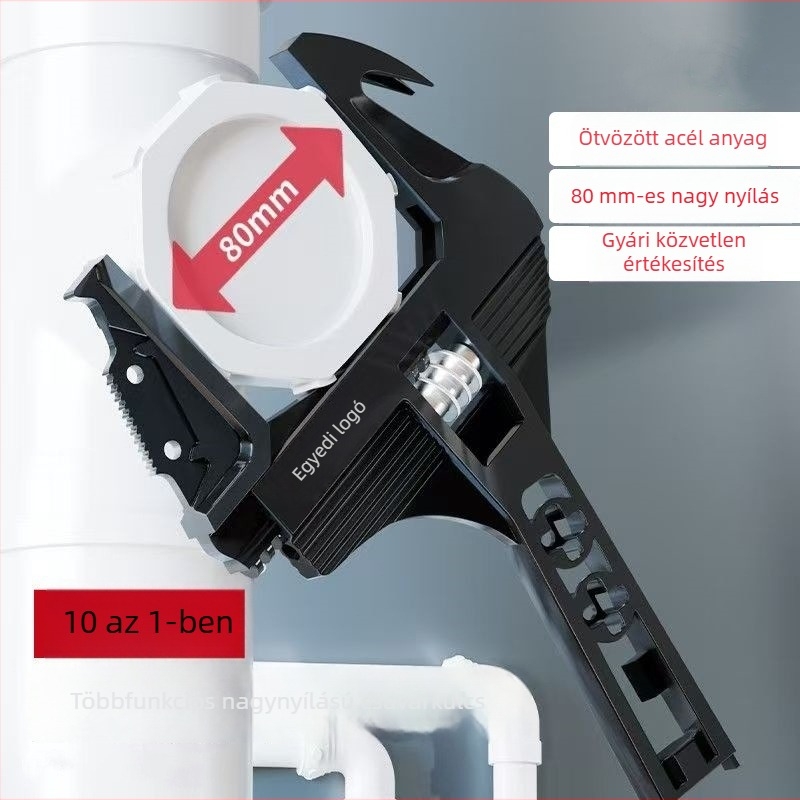 Ötvözött acélból készült nagy nyílású állítható csőkulcs vízvezetékhez és fürdőszobához, rövid nyél, többfunkciós, 80 mm nyílás, teljes acél kivitelezés