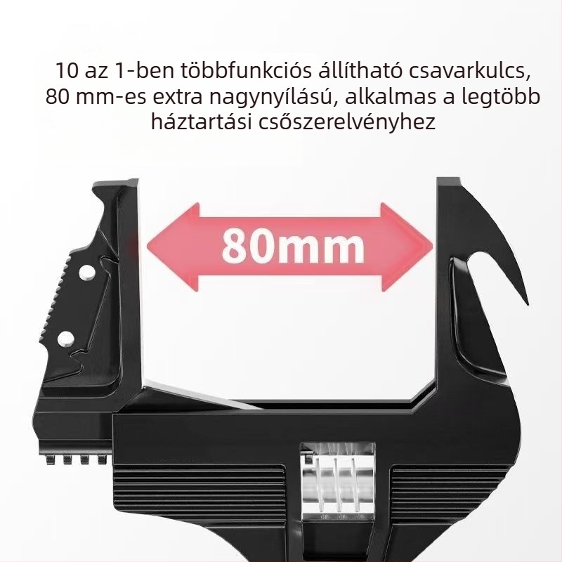 Ötvözött acélból készült nagy nyílású állítható csőkulcs vízvezetékhez és fürdőszobához, rövid nyél, többfunkciós, 80 mm nyílás, teljes acél kivitelezés