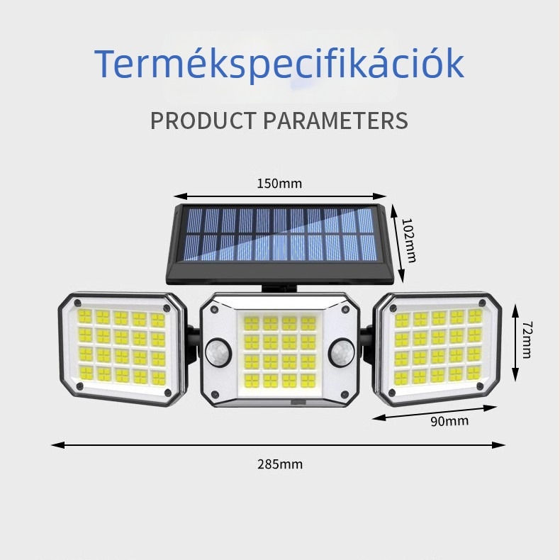 Háromfejű napelemes falikar kültéri használatra, LED világítás a kerthez és a kerítéshez (IP66)