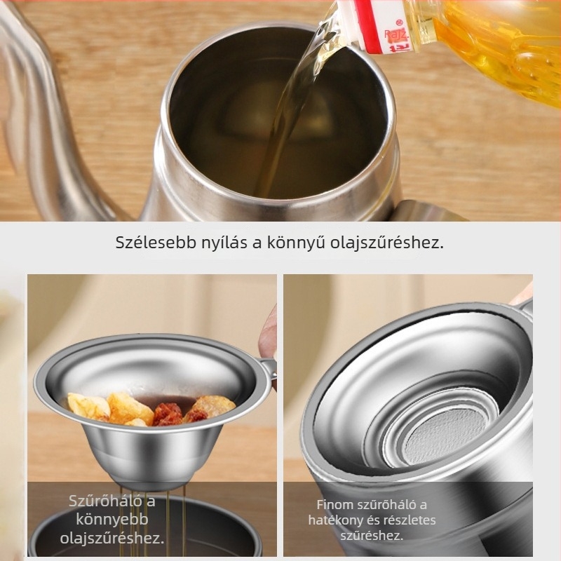 Élelmiszer-minőségű 304 rozsdamentes acél olajtartó szűrővel, nagy kapacitású, konyhai használatra