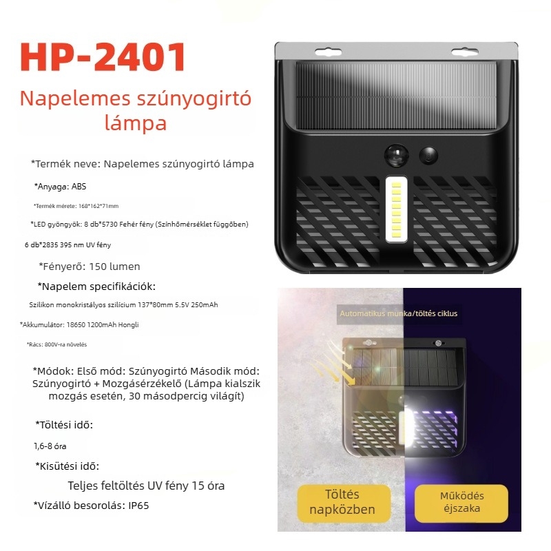 Napelemes kültéri falikar mozgásérzékelővel, IP65 vízálló, szúnyogriasztó lámpa kerthez és udvarhoz