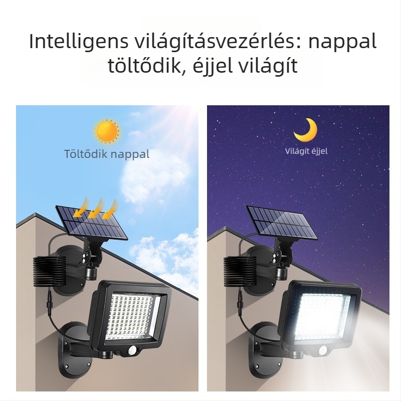Napelemes fali lámpa mozgásérzékelővel, távirányítóval, automatikus töltéssel, vízálló, kültéri használatra