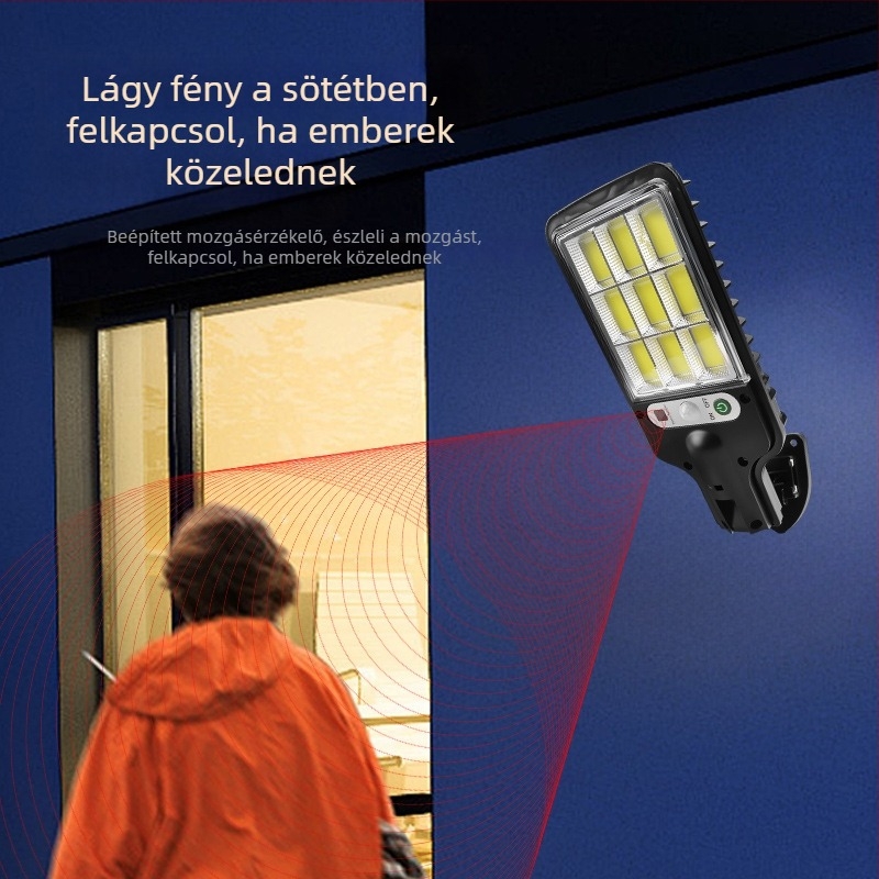 Kültéri napelemes LED utcai lámpa falra szerelhető, távirányítóval, mozgásérzékelővel, kertvilágítás