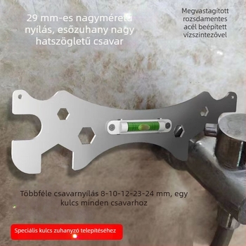Fürdőszobai nyitott végű kulcs, zuhanyszintmérő, vastagodott hatszögletű kulcs és görbült lábú szintmérő
