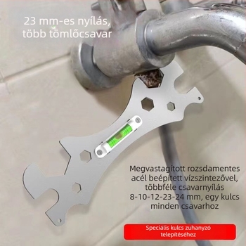 Fürdőszobai nyitott végű kulcs, zuhanyszintmérő, vastagodott hatszögletű kulcs és görbült lábú szintmérő