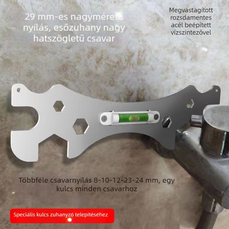 Fürdőszobai nyitott végű kulcs, zuhanyszintmérő, vastagodott hatszögletű kulcs és görbült lábú szintmérő