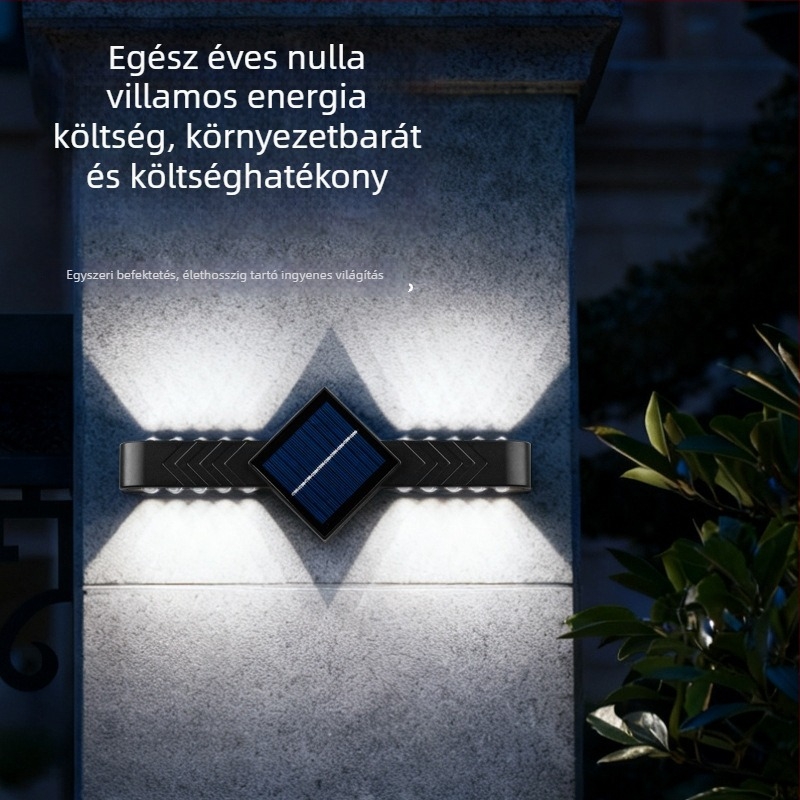Napelemes kertvilágítás teraszra, kültéri vízálló falikar kétfejű, világít fel és le