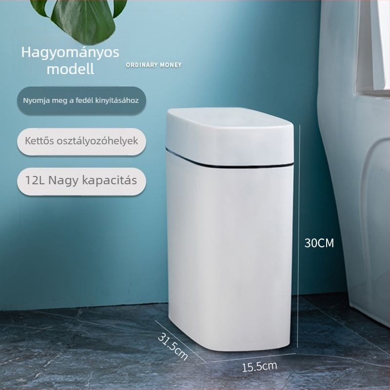 Keskeny fürdőszobai szemetes fedéllel és WC-ecset tartóval