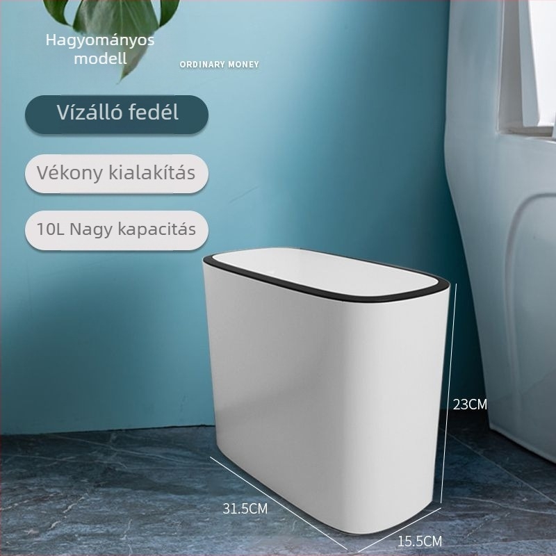 Keskeny fürdőszobai szemetes fedéllel és WC-ecset tartóval