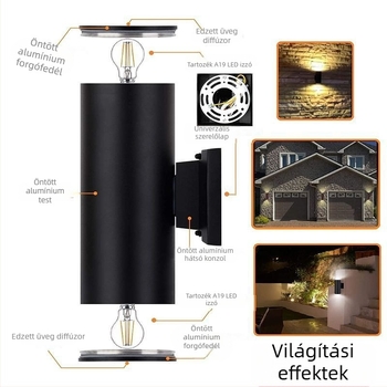 Kültéri alumínium falikar, vízálló, hengeres kialakítású, kétfejű világítással, tornácra, udvarra és teraszra