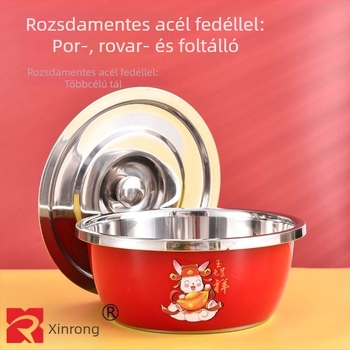 Élelmiszerbiztonságú piros rozsdamentes acél edény fedővel, vastagodott kivitelű háztartási használatra; konyhai keverőedény tojások felverésére és tészta dagasztására, leveses tál, zöldségek mosására és olaj tárolására.