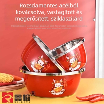 Élelmiszerbiztonságú piros rozsdamentes acél edény fedővel, vastagodott kivitelű háztartási használatra; konyhai keverőedény tojások felverésére és tészta dagasztására, leveses tál, zöldségek mosására és olaj tárolására.