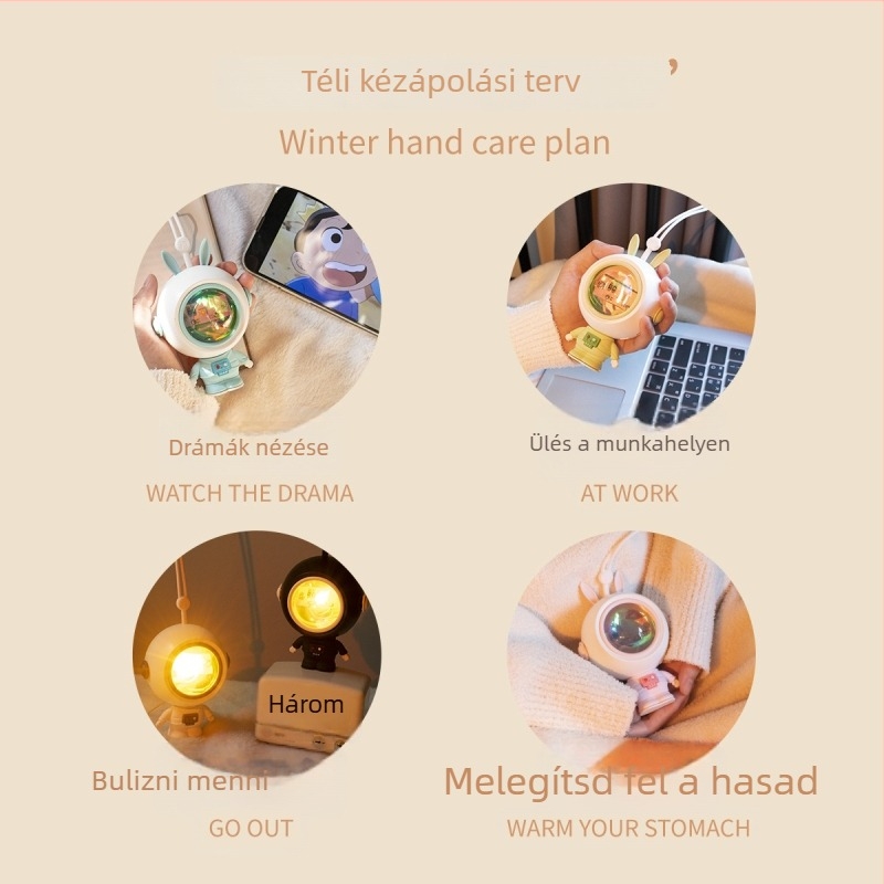 Rajzfilmszerű űrhajós kézmelegítő USB-töltéssel, hordozható hangulatvilág fotózáshoz, 2 az 1-ben