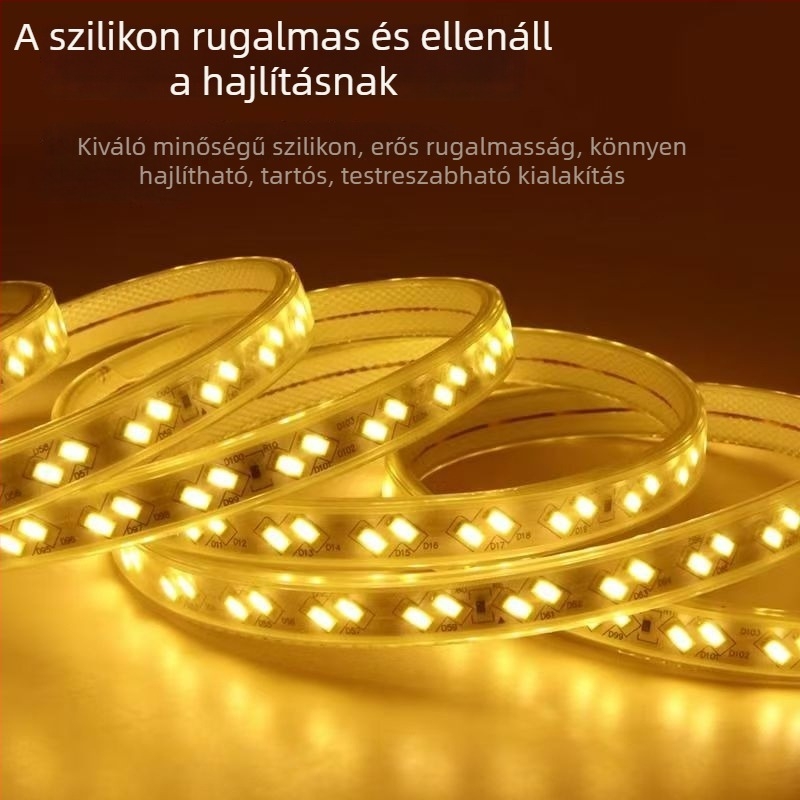 220V-os LED-szalag, vízálló, magasfeszültségű, 12W/m, vágásra alkalmas, 2835 LED-ek, 180° vetület, dekoratív beltéri/kültéri világítás