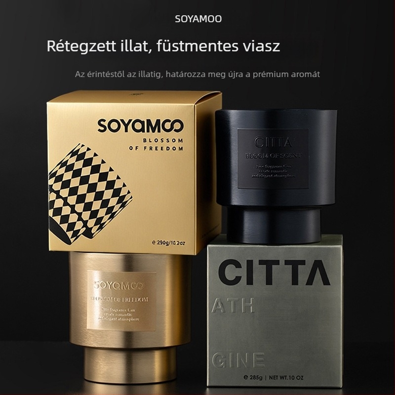 Csiszolt fémpoharas illatos gyertya fa kanóccal, szója viaszból, kézműves, hengeres forma Can logóval