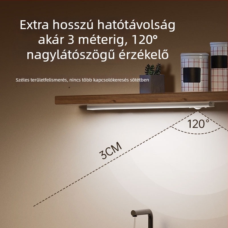 Ultra vékony LED szalag mozgásérzékelővel, öntapadós, újratölthető, ruhásszekrényhez és boros szekrényhez