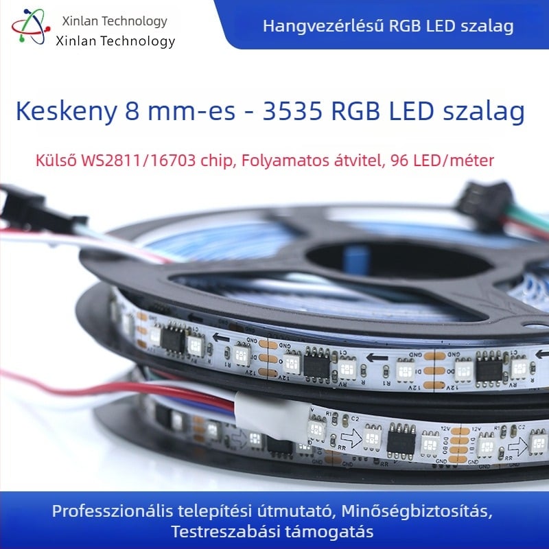 12V WS2811 RGB LED-szalag, 96 LED, 8 mm szélesség, teljes színű áramló effektus, távirányítós fényerő-szabályozás, nem vízálló