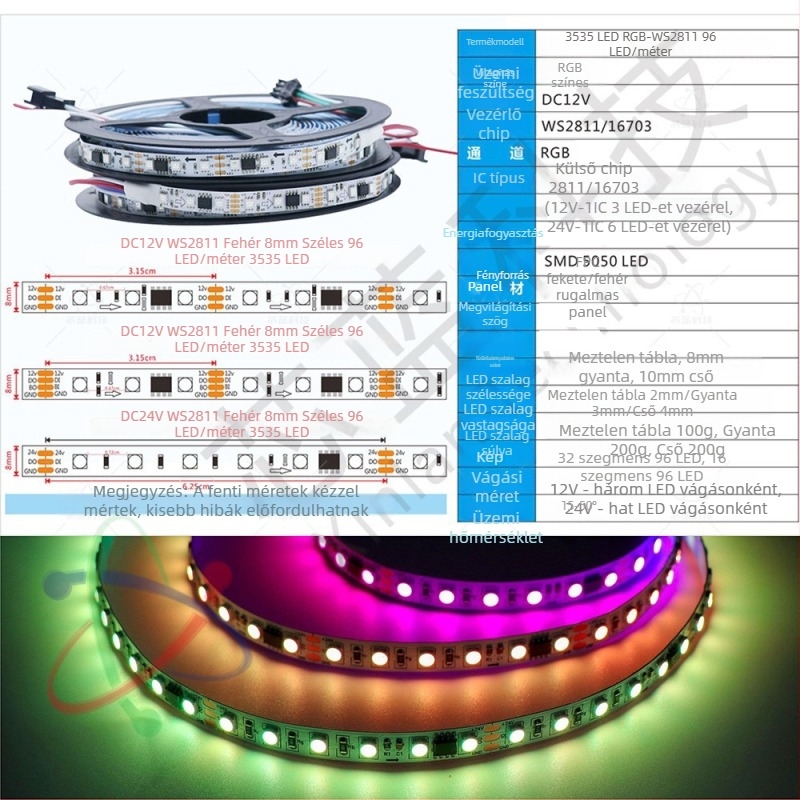 12V WS2811 RGB LED-szalag, 96 LED, 8 mm szélesség, teljes színű áramló effektus, távirányítós fényerő-szabályozás, nem vízálló