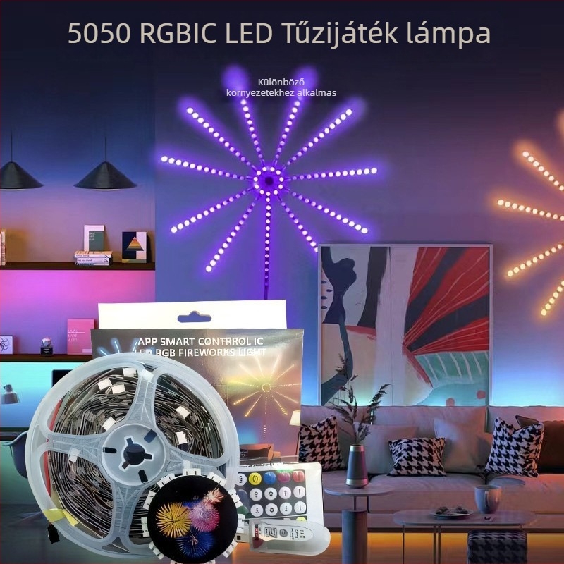 5V RGB LED szalag tűzijáték effektussal – hangvezérlésű okos beltéri hangulatvilágítás, alkalmazásvezérlés