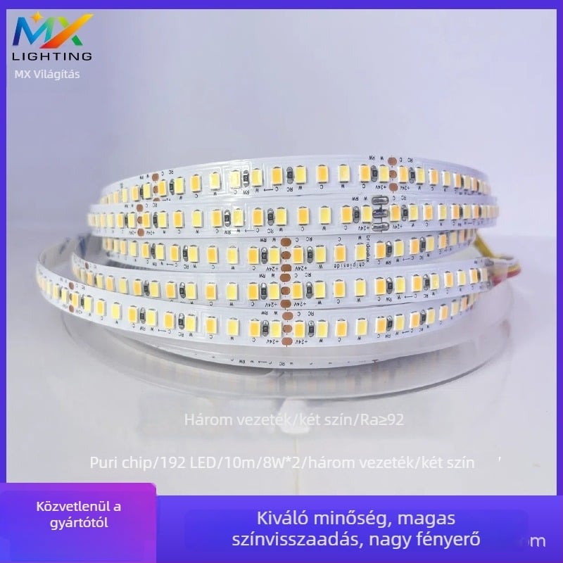 Purui 24V-os LED szalag, magas CRI-vel, kétszínű, háromvezetékes, alacsony feszültség, 192 LED/m