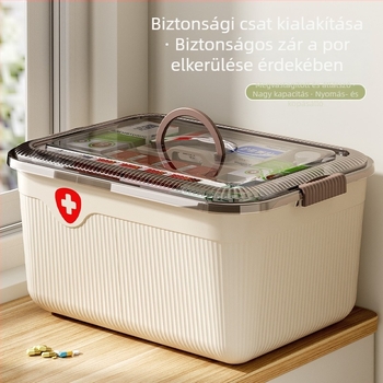 Nagy műanyag gyógyszer-tároló doboz rekeszekkel – hordozható elsősegély-készlet otthoni használatra