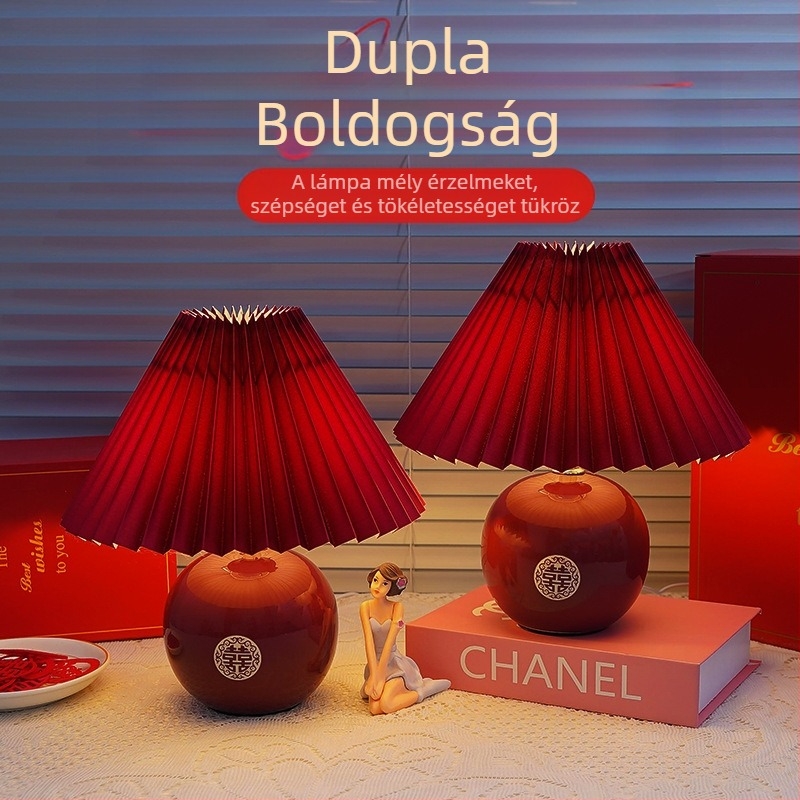 Cserépből készült piros asztali lámpa dupla boldogság szimbólummal, esküvői dekorációhoz és hálószobába, éjjeli lámpa
