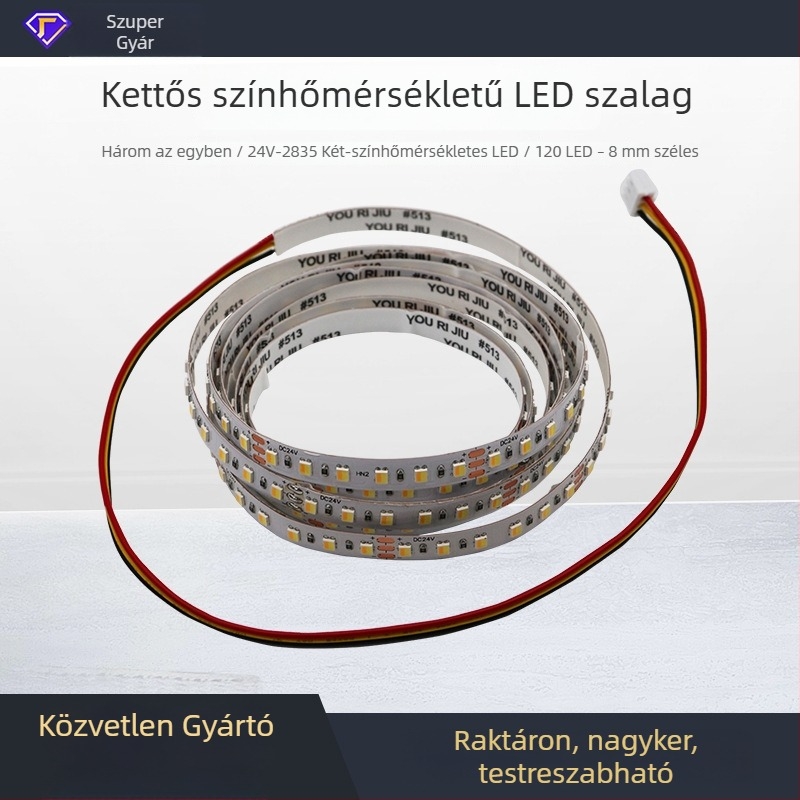 2835 LED-szalag, tri‑színű és kettős fehér tónusú, 120 LED/m, dimmelhető, rugalmas, öntapadós, 12V DC