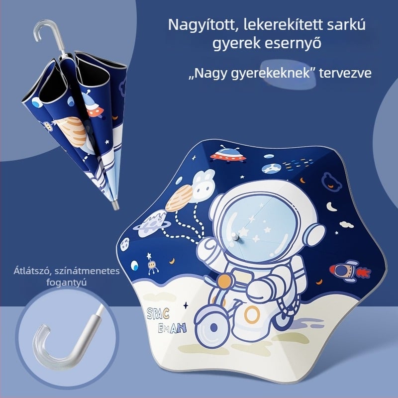 Magas gyerekeknek tervezett ernyő lekerekített sarkokkal, XXL méret, áthatolás elleni védelem, fekete vinil bevonat, hosszú fogantyú, kézi nyitás-zárás