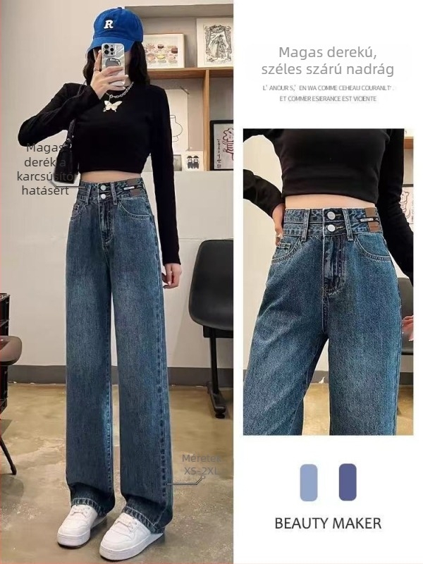 Női vintage kék denim farmer, magas derekú, széles, egyenes szárú fazon, kétgombos derékszorítás a dereka köré, drapírozott, hosszú nadrág tavasz–őszre