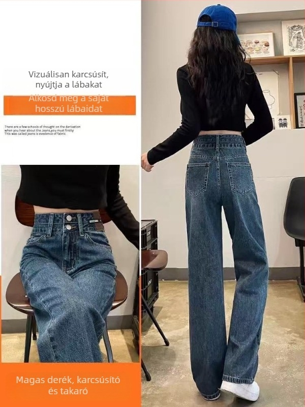 Női vintage kék denim farmer, magas derekú, széles, egyenes szárú fazon, kétgombos derékszorítás a dereka köré, drapírozott, hosszú nadrág tavasz–őszre