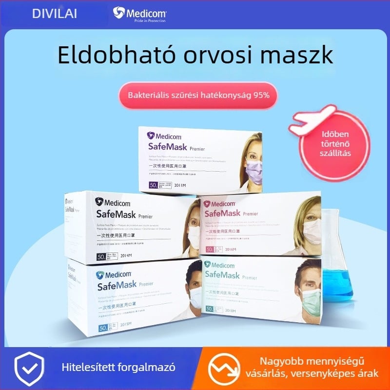 Medicom orvosi maszk, egyszer használatos, nemszőtt anyagból, háromrétegű védőmaszk orvosi felhasználásra