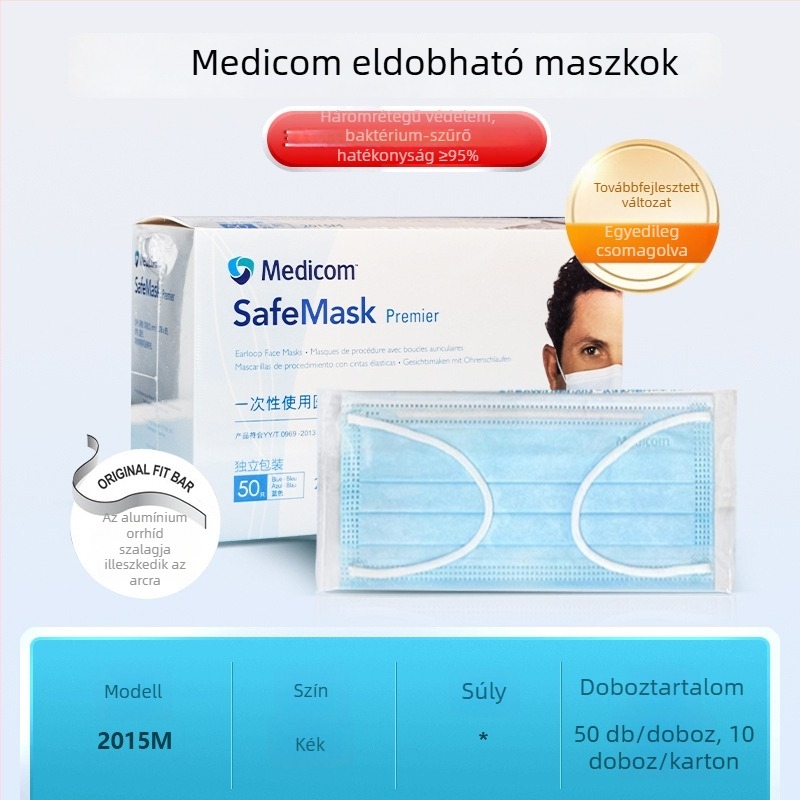 Medicom orvosi maszk, egyszer használatos, nemszőtt anyagból, háromrétegű védőmaszk orvosi felhasználásra
