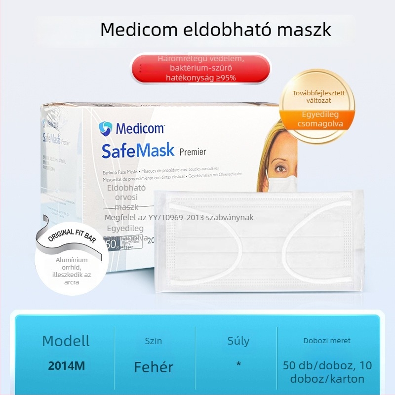Medicom orvosi maszk, egyszer használatos, nemszőtt anyagból, háromrétegű védőmaszk orvosi felhasználásra