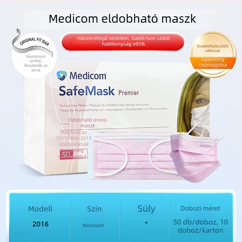 Medicom orvosi maszk, egyszer használatos, nemszőtt anyagból, háromrétegű védőmaszk orvosi felhasználásra