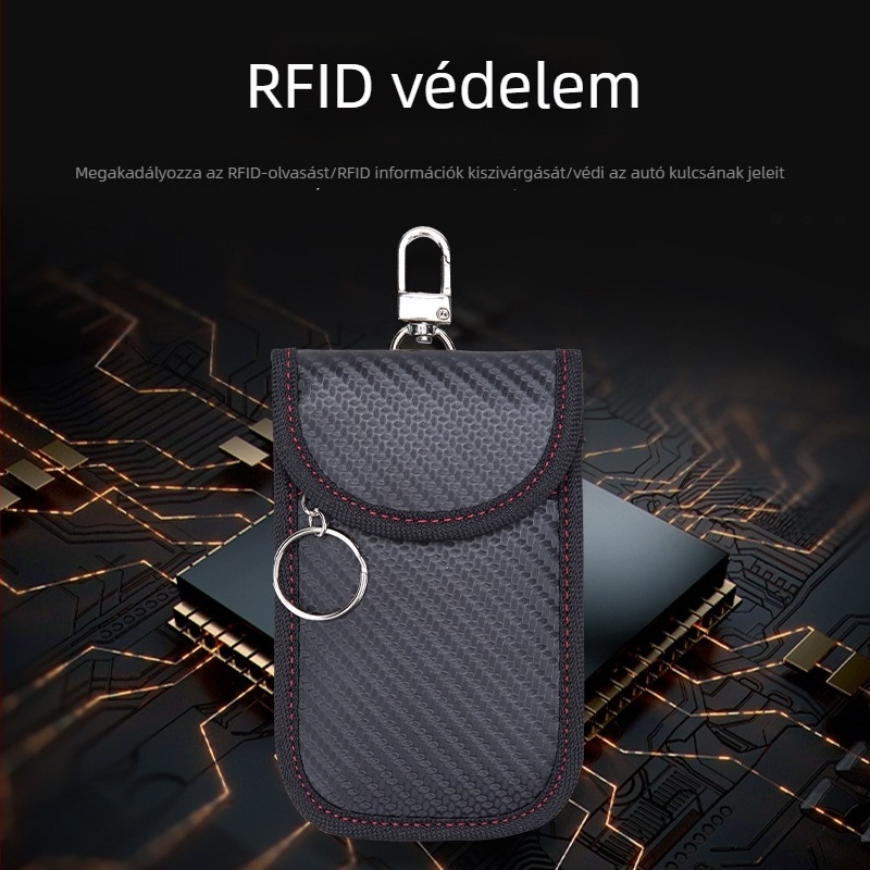 Szénszálas autókulcs védőtok telefontartó zsebbel és RFID-kártya védővel