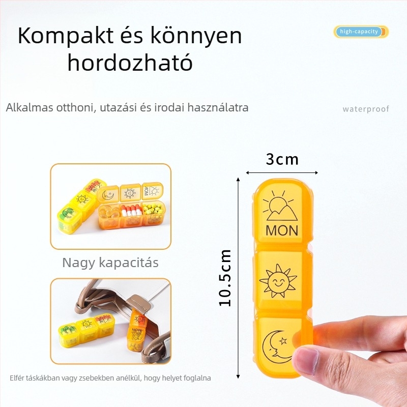 7 napos gyógyszeres doboz 21 rekesz, élelmiszer-minőségű PP, zárható, nagy kapacitású, rajzfilmszerű dizájn