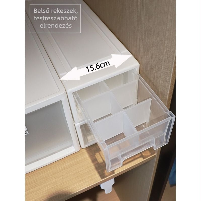 Hosszú, keskeny műanyag tároló doboz rekeszekkel, fiókos kialakítással