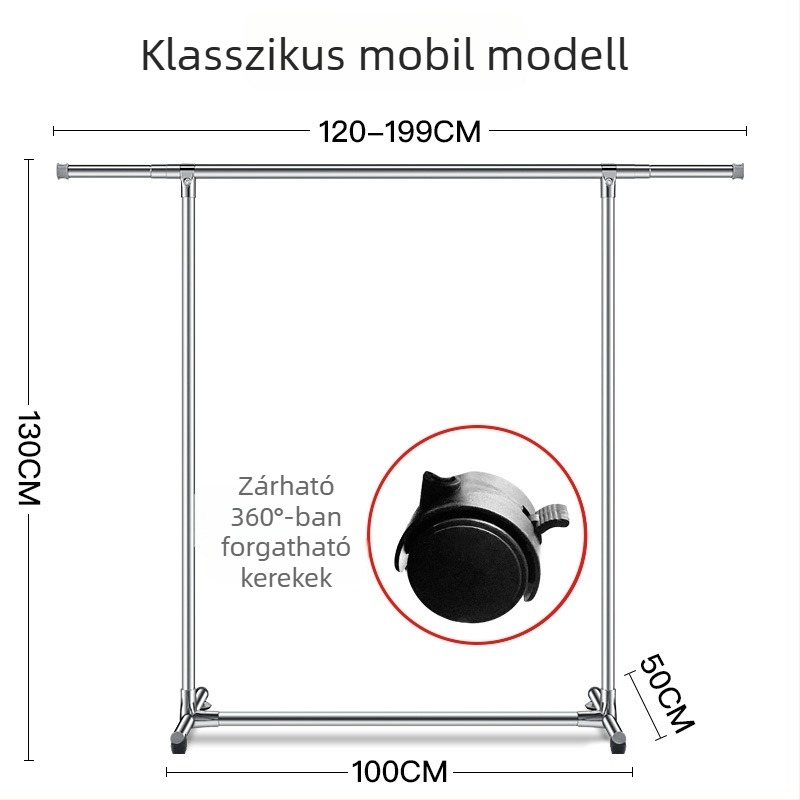Padlóra álló ruhaszárító állvány rozsdamentes acélból, mozgatható, egy rúddal, beltéri használatra