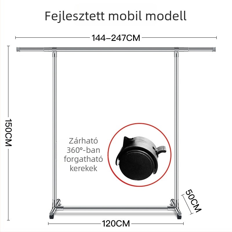 Padlóra álló ruhaszárító állvány rozsdamentes acélból, mozgatható, egy rúddal, beltéri használatra