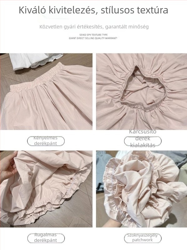 Rózsaszín puffos A-vonalú rövid szoknya, magas derekú, könnyű Ice Silk anyag, nyári viselet
