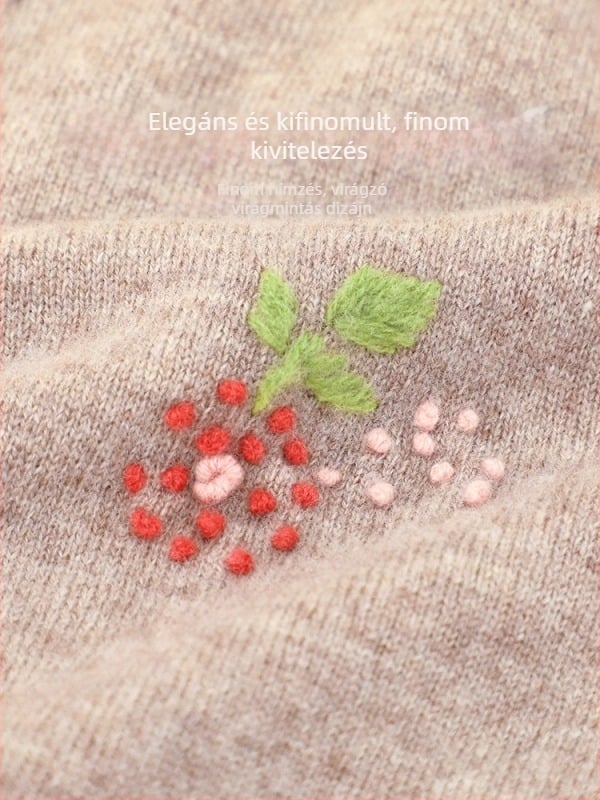 Női kötött kardigán tavasz–őszre, 100% tiszta gyapjú, kerek nyakú, hosszú ujjak, szabályos fazon, elegáns stílus, virágos hímzéssel